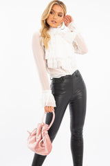 White Crepe Ruffle High Neck Shirt - Honey-Shirts