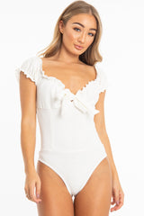 White Crepe Ruffle Tie Front Bardot Bodysuit - Trixie-Bodysuits