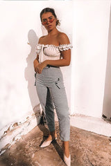 White Crepe Ruffle Tie Front Bardot Bodysuit - Trixie-Bodysuits