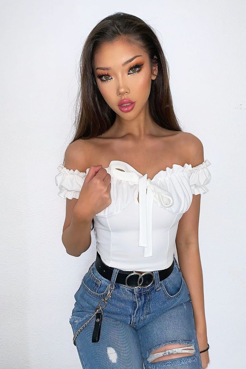 White Crepe Ruffle Tie Front Bardot Bodysuit - Trixie-Bodysuits