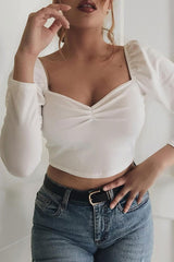 White Crepe Sweetheart Puff Sleeve Crop Top - Porsha-Crop Tops
