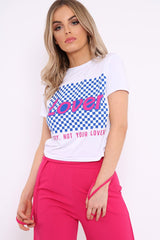 White Crew Neck Checker Board Lover Slogan T-Shirt - Camrie-Tops