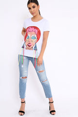 White Crew Neck Girls Face T Shirt with Tassels - Lenna-Tops