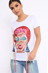 White Crew Neck Girls Face T Shirt with Tassels - Lenna-Tops