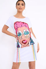 White Crew Neck Girls Face T-shirt Dress with Tassels - Sway-Dresses