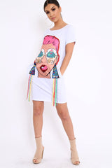 White Crew Neck Girls Face T-shirt Dress with Tassels - Sway-Dresses