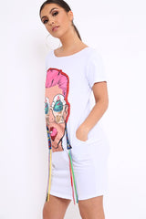 White Crew Neck Girls Face T-shirt Dress with Tassels - Sway-Dresses