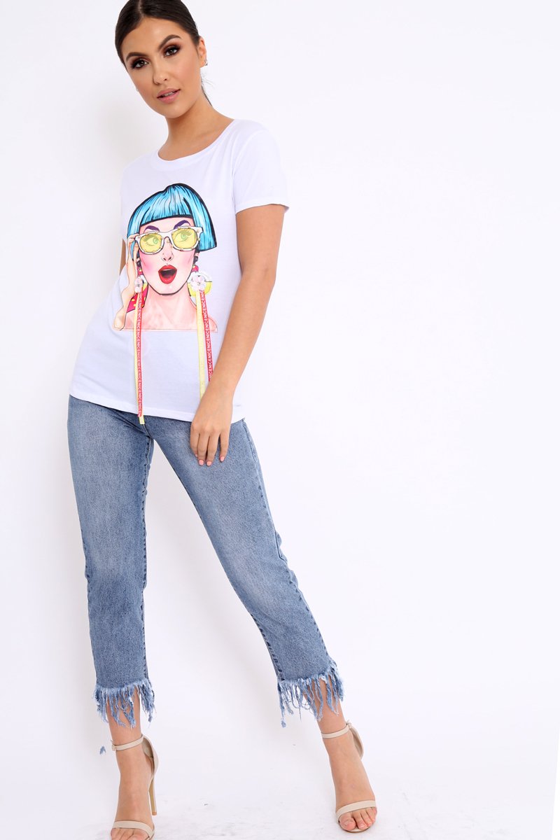 White Crew Neck Girls Face T-shirt with Tassels - Leacy-Tops