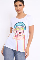 White Crew Neck Girls Face T-shirt with Tassels - Leacy-Tops