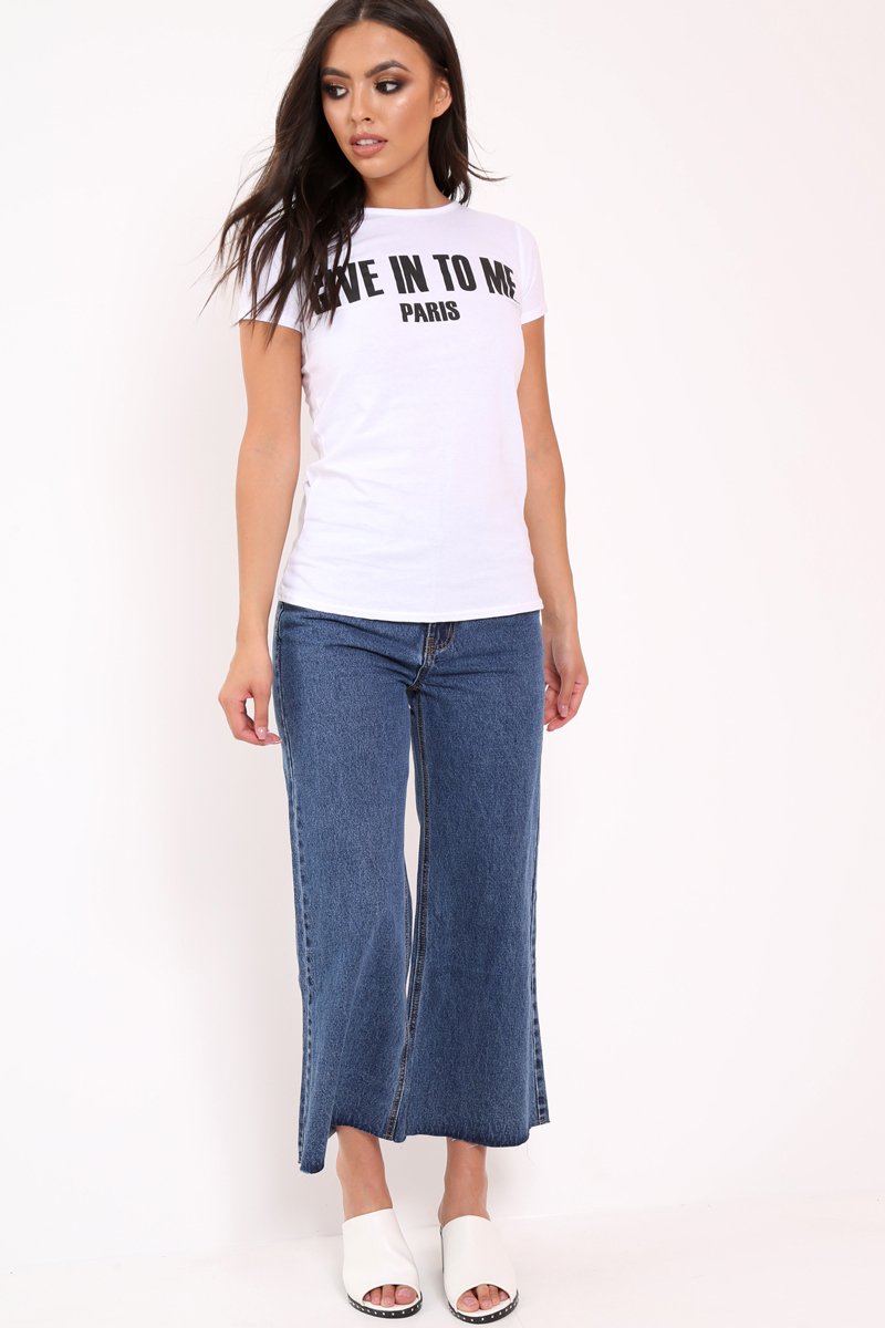 White Crew Neck Give In To Me Slogan T-Shirt - Karolina-Tops
