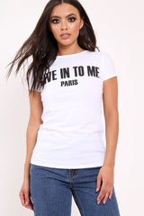 White Crew Neck Give In To Me Slogan T-Shirt - Karolina-Tops