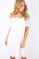 White Crinkle Bardot Ruffle Trim Dress - Kelsey-Dresses