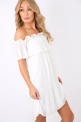 White Crinkle Bardot Ruffle Trim Dress - Kelsey-Dresses