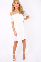 White Crinkle Bardot Ruffle Trim Dress - Kelsey-Dresses