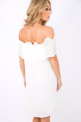 White Crinkle Bardot Ruffle Trim Dress - Kelsey-Dresses