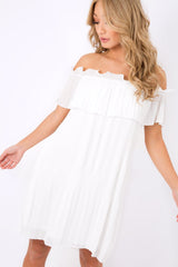 White Crinkle Bardot Ruffle Trim Dress - Kelsey-Dresses