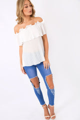 White Crinkle Off Shoulder Top - Lucille-Tops