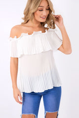 White Crinkle Off Shoulder Top - Lucille-Tops