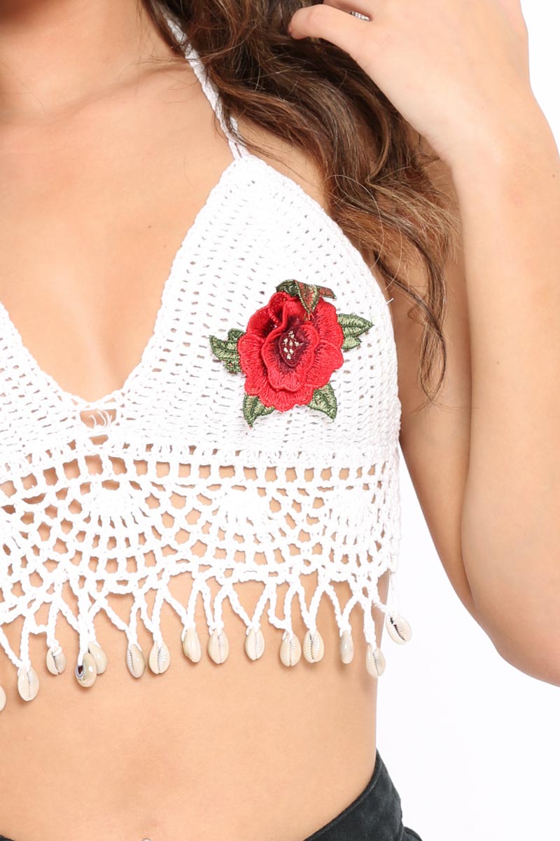 White Crochet Applique Flower Shell Bralet - Milania-Bralets