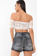 White Crochet Bardot Cold Shoulder Crop Top - Aarshi-Crop Tops