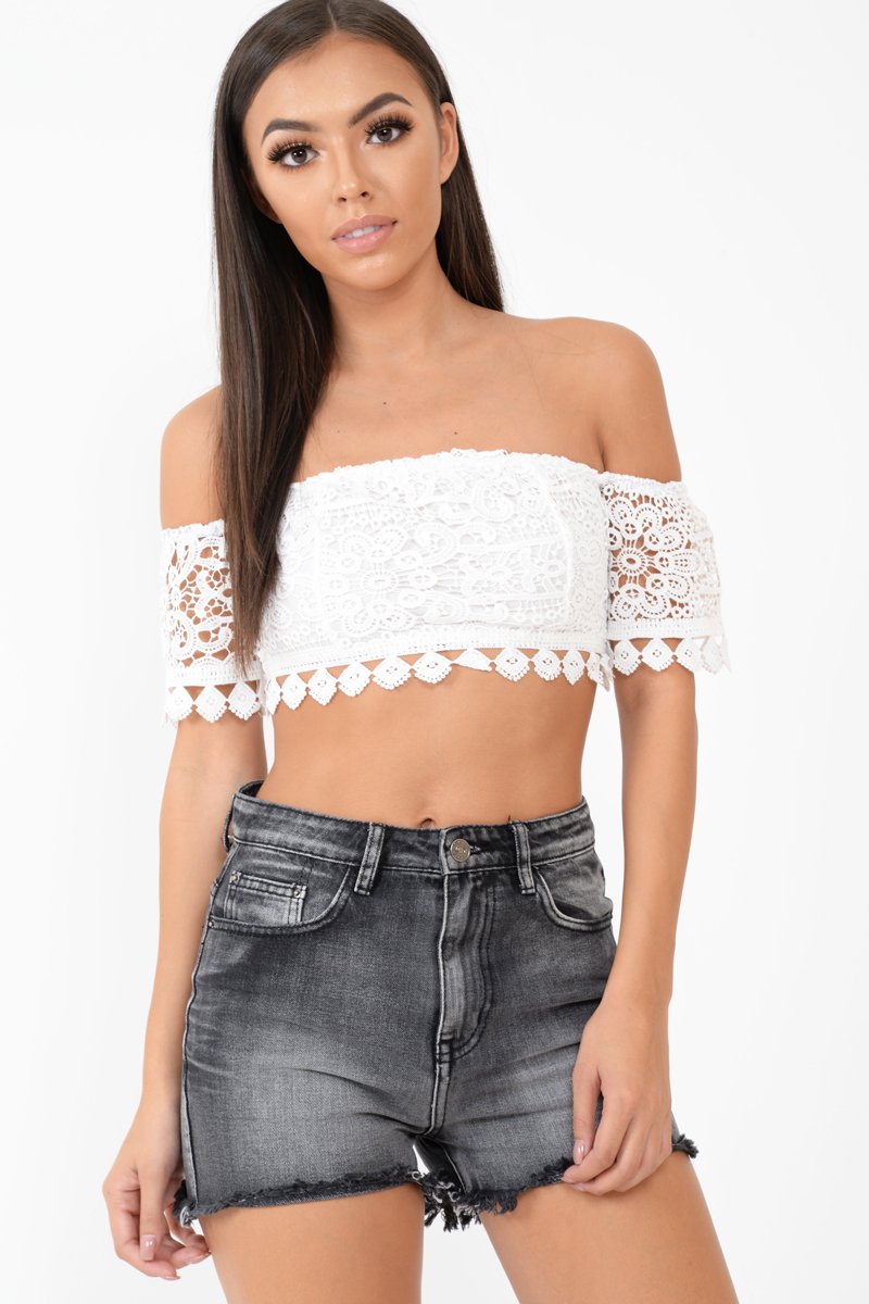 White Crochet Bardot Cold Shoulder Crop Top - Aarshi-Crop Tops