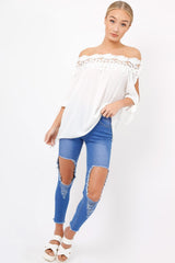 White Crochet Bardot Top - Evelina-Tops