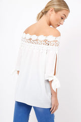 White Crochet Bardot Top - Evelina-Tops
