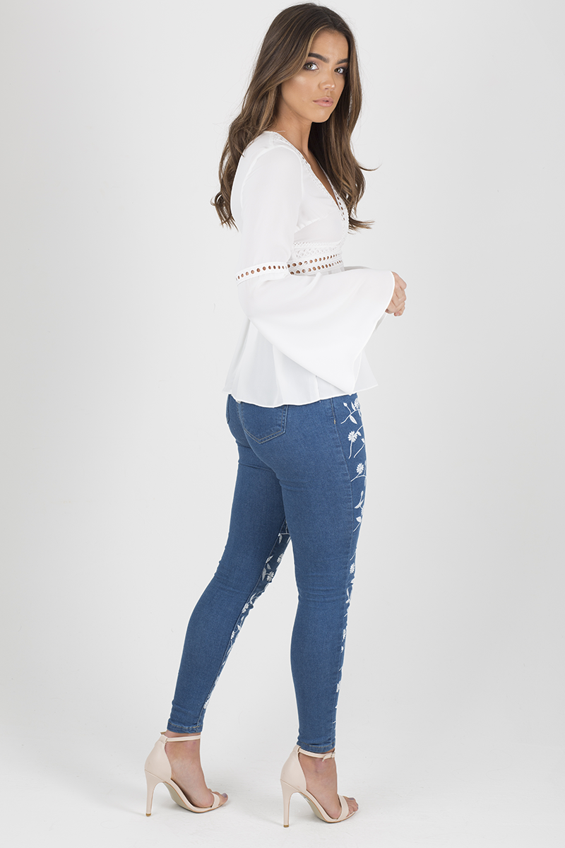 White Crochet Detail Bell Sleeve Top - Catrina-Tops