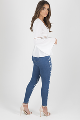 White Crochet Detail Bell Sleeve Top - Catrina-Tops