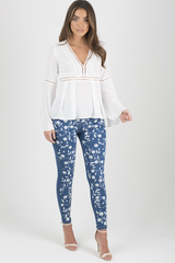 White Crochet Detail Bell Sleeve Top - Catrina-Tops