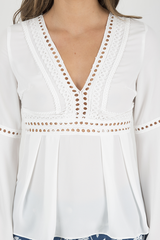 White Crochet Detail Bell Sleeve Top - Catrina-Tops