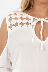 White Crochet Detail Cold Shoulder Top - Lisa-Tops