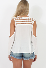 White Crochet Detail Cold Shoulder Top - Lisa-Tops