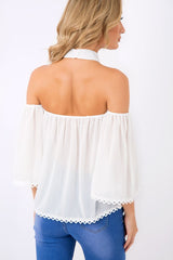White Crochet Front Halter Neck Top - Lacie-Tops