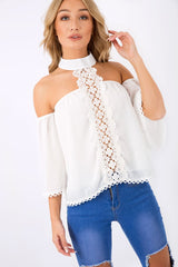 White Crochet Front Halter Neck Top - Lacie-Tops