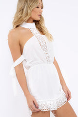 White Crochet Halter Neck Tie Sleeve Playsuit - Leanne-Playsuits