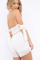 White Crochet Halter Neck Tie Sleeve Playsuit - Leanne-Playsuits