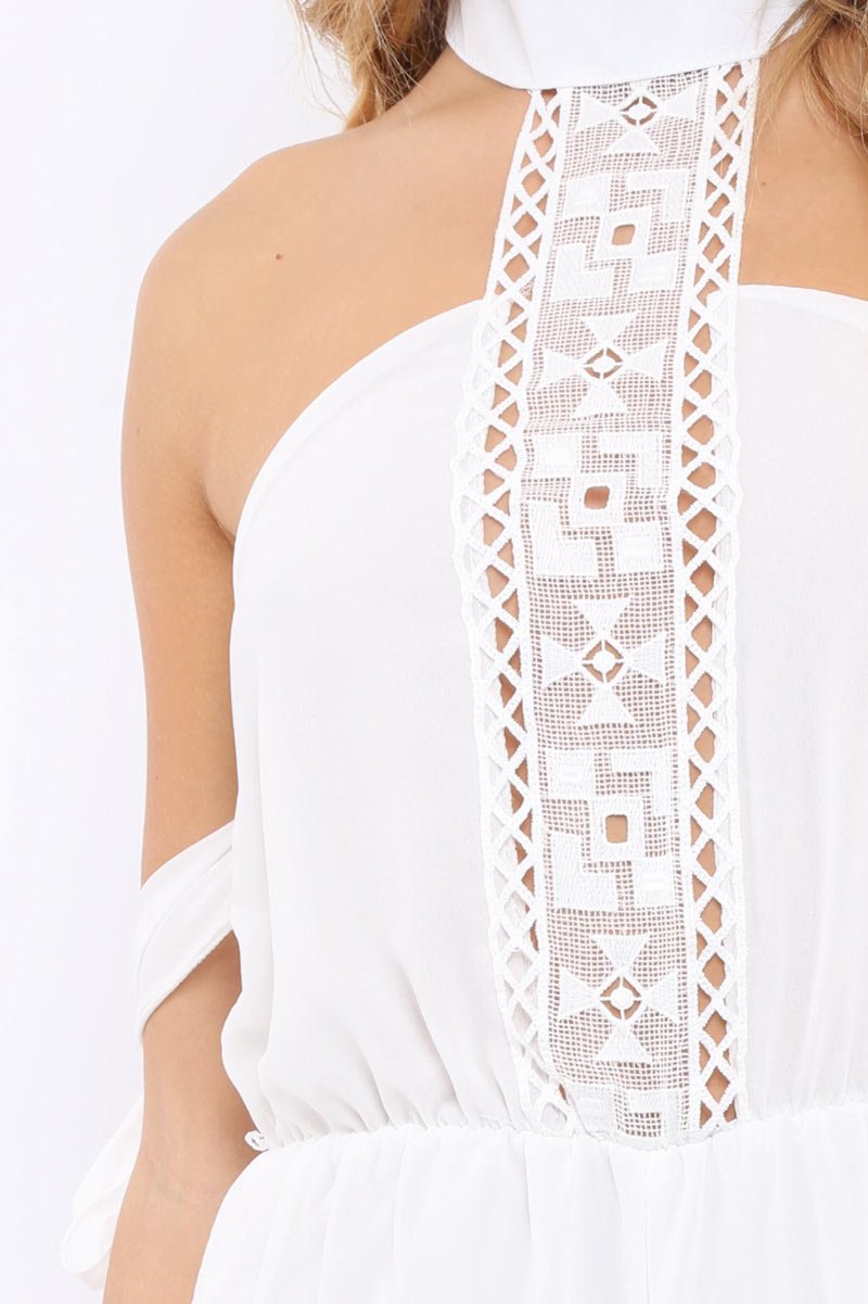 White Crochet Halter Neck Tie Sleeve Playsuit - Leanne-Playsuits
