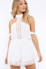 White Crochet Halter Neck Tie Sleeve Playsuit - Leanne-Playsuits