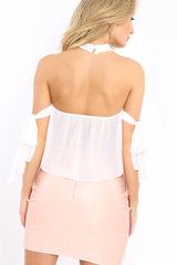 White Crochet Halter Neck Tie Sleeve Top - Louisa-Tops