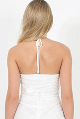 White Crochet Halterneck Crop Top - Amie-Crop Tops