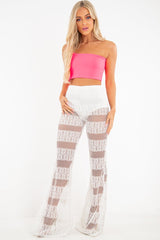 White Crochet Knicker Flared Trousers - Epsie-Trousers