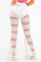 White Crochet Knicker Flared Trousers - Epsie-Trousers
