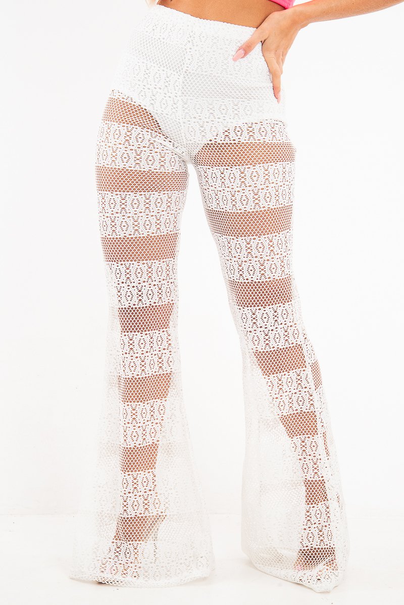 White Crochet Knicker Flared Trousers - Epsie-Trousers