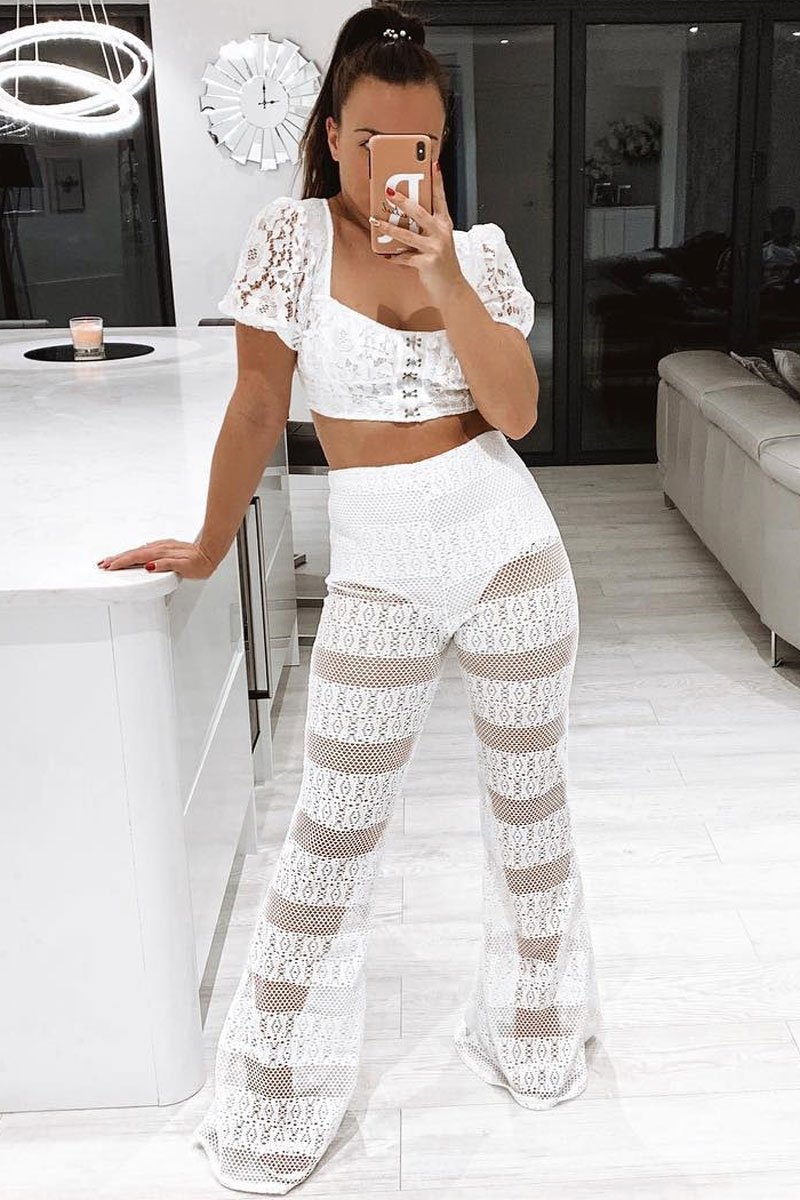 White Crochet Knicker Flared Trousers - Epsie-Trousers