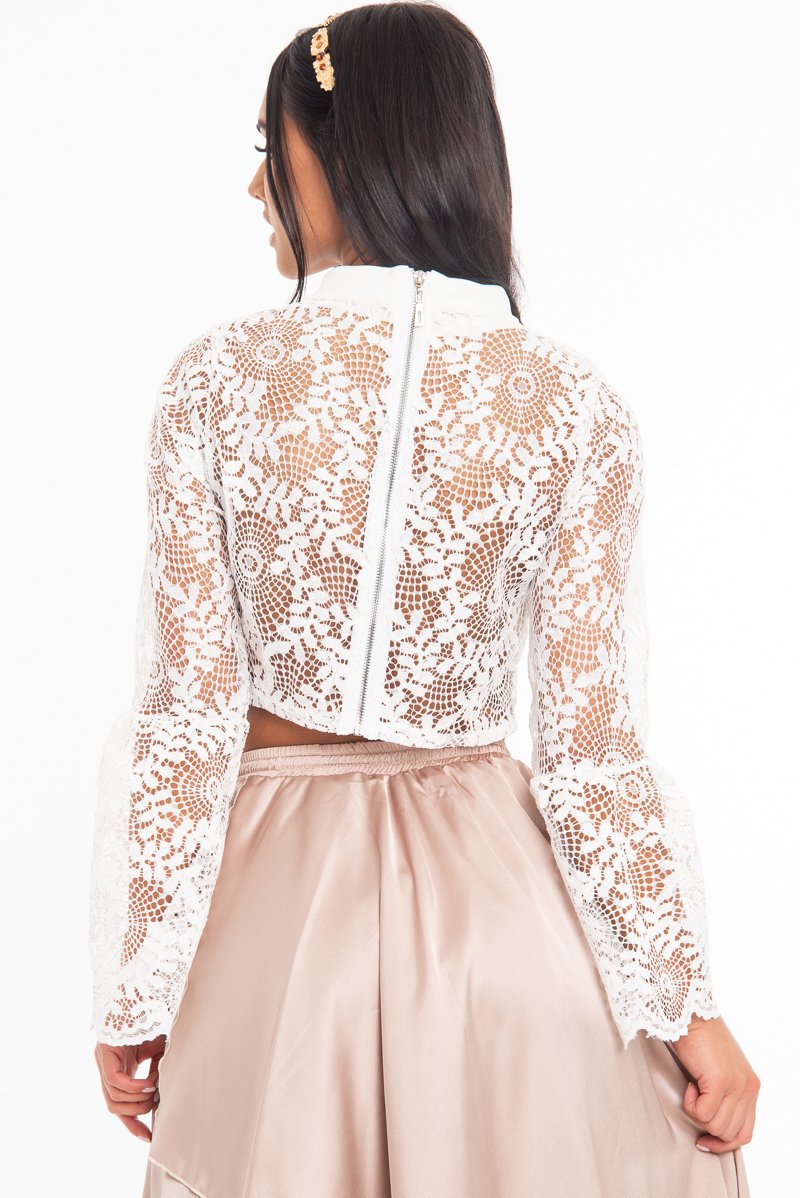 White Crochet Lace Bell Sleeve Crop Top - Taylor-Crop Tops