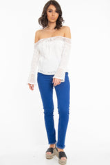 White Crochet Lace Tie Front Bardot Top - Greta-Tops