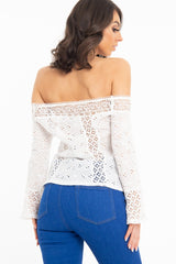 White Crochet Lace Tie Front Bardot Top - Greta-Tops