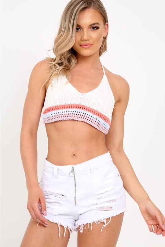 White Crochet Multi Hem Halterneck Crop Top - Aby