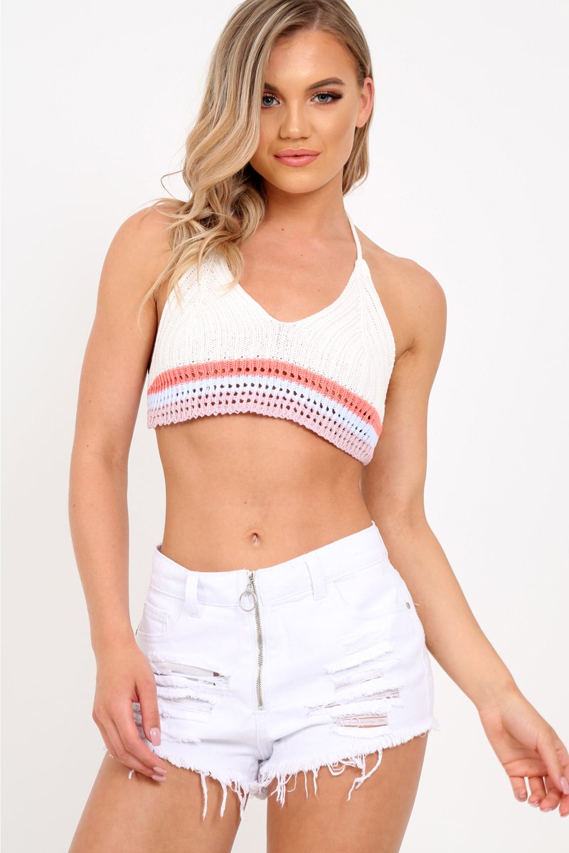 White Crochet Multi Hem Halterneck Crop Top - Aby-Tops